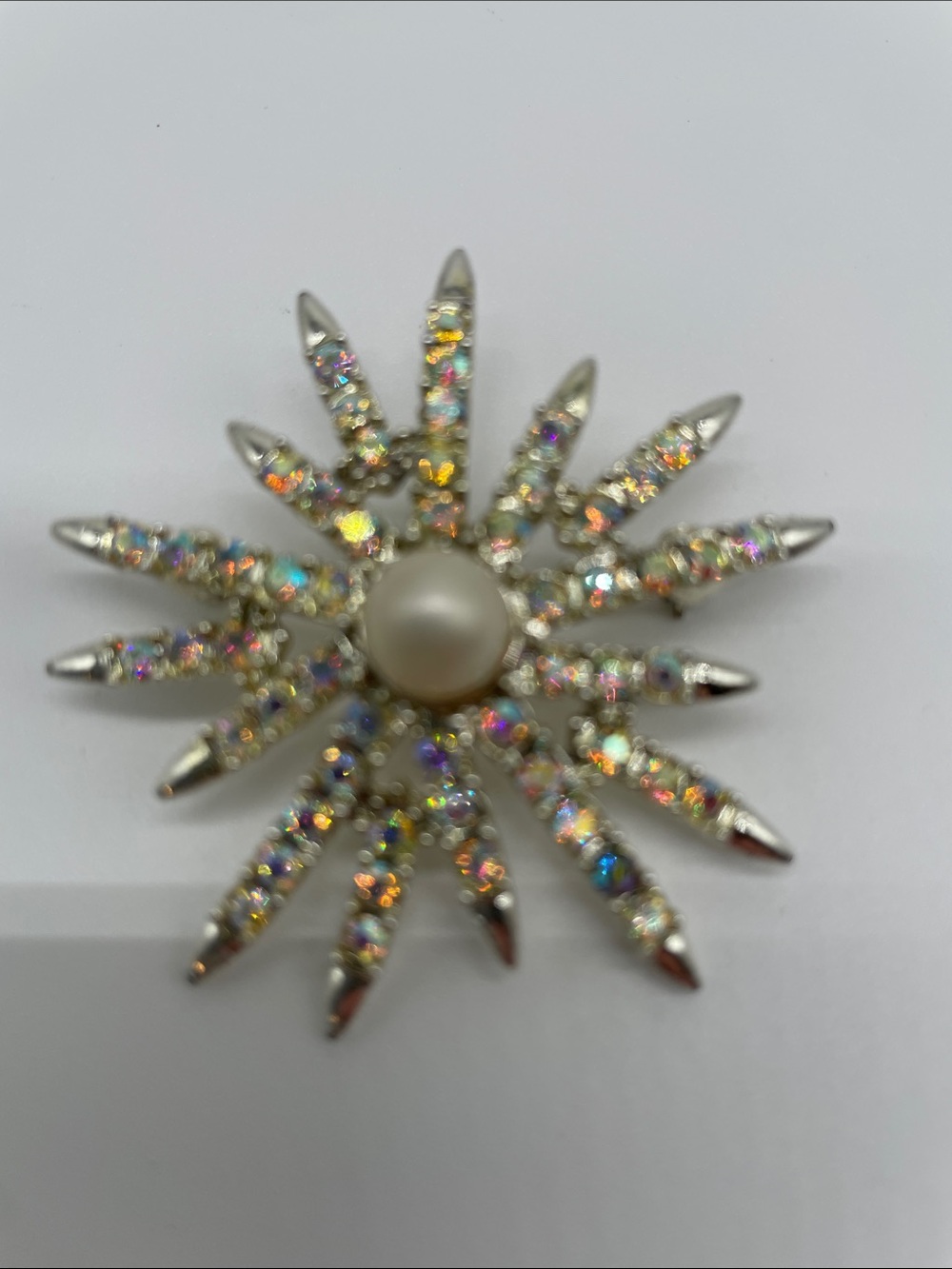 Iridescent AB Crystal Starburst Brooch with Pearl Center - Silver Tone